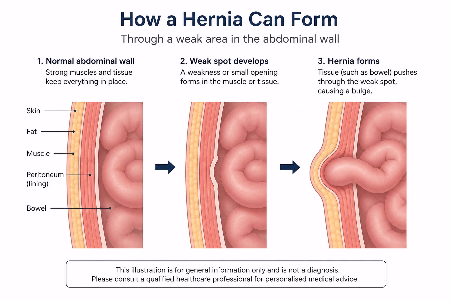 Simple diagram showing how a hernia can form through a weak area in the abdominal wall.