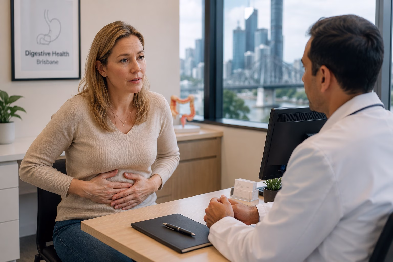 Patient discussing persistent bloating with a Brisbane digestive health specialist.