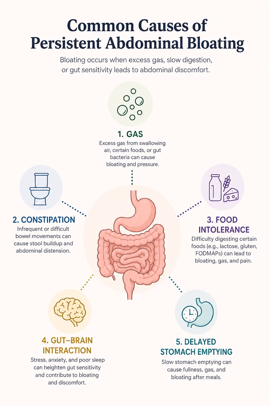 Infographic showing common causes of persistent abdominal bloating.