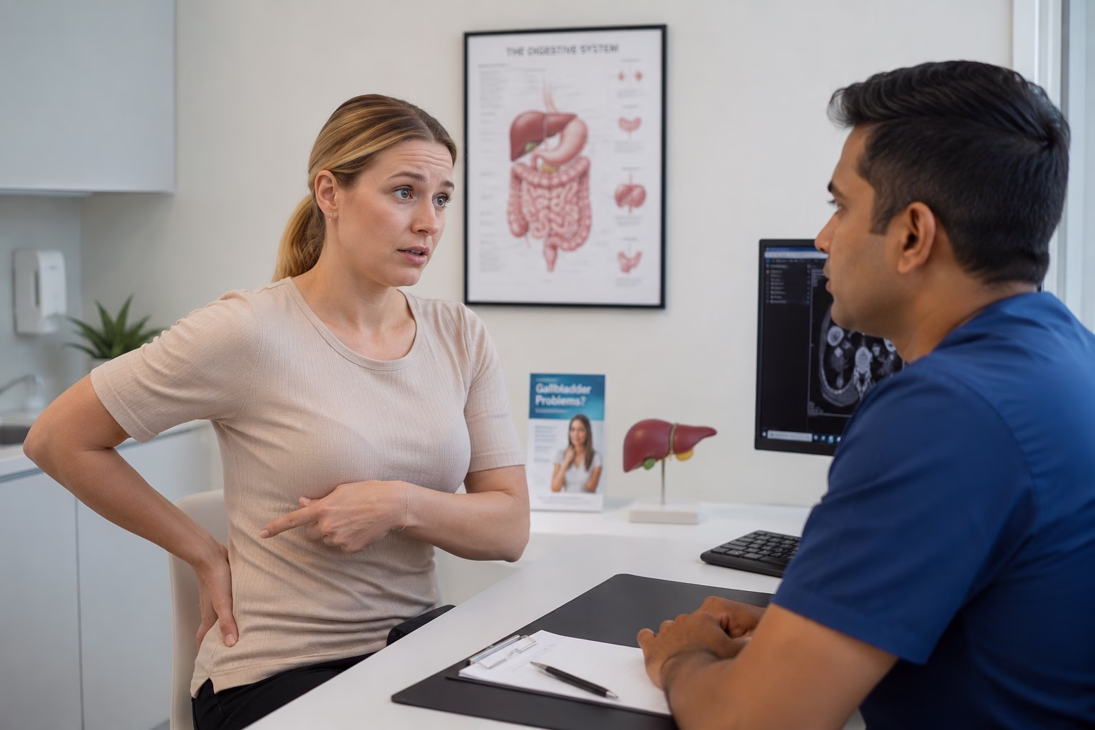 Patient describing gallbladder pain radiating to the back during a Brisbane surgical consultation.