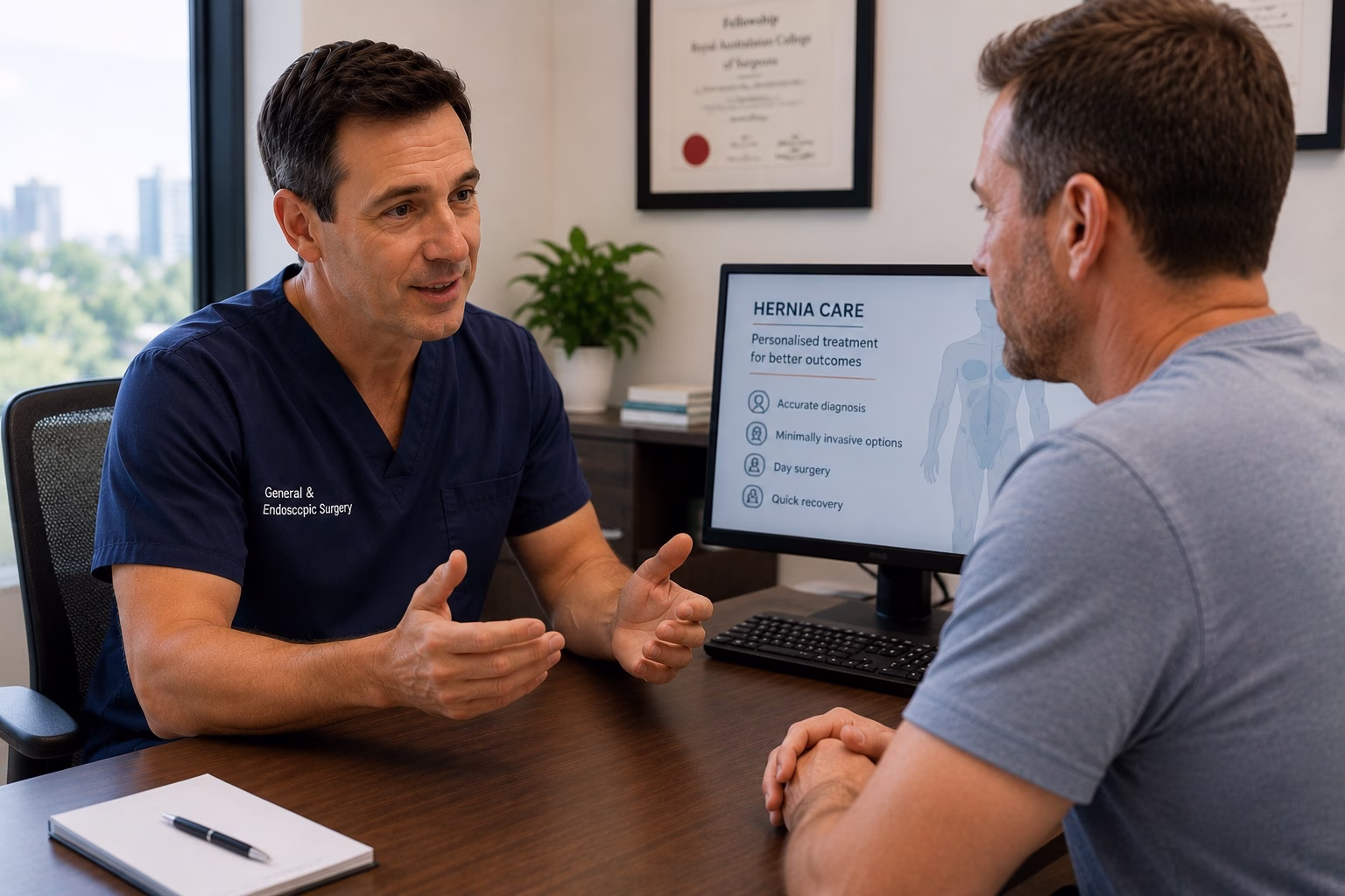 Patient discussing a groin lump and possible hernia with a Brisbane surgeon.