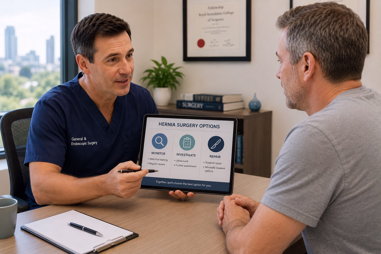 Patient discussing hernia surgery versus watchful waiting with Brisbane surgeon.