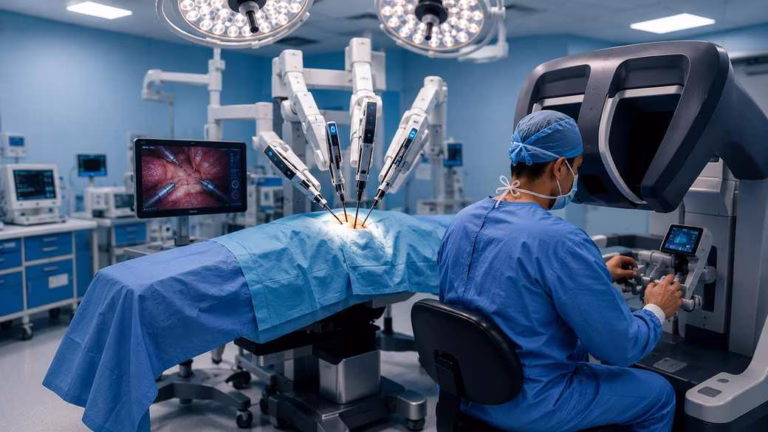 Surgeon at a robotic surgical console performing minimally invasive hernia repair in a Brisbane operating theatre