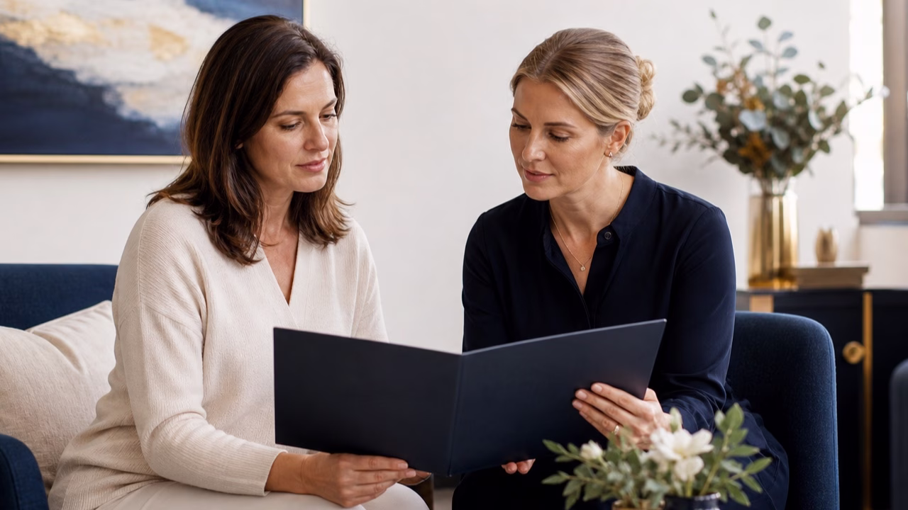 Woman reviewing appointment notes with a clinician in a calm navy-and-cream consultation room.